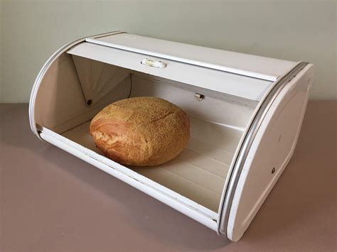 vintage white metal bread box|old fashioned metal bread bin.